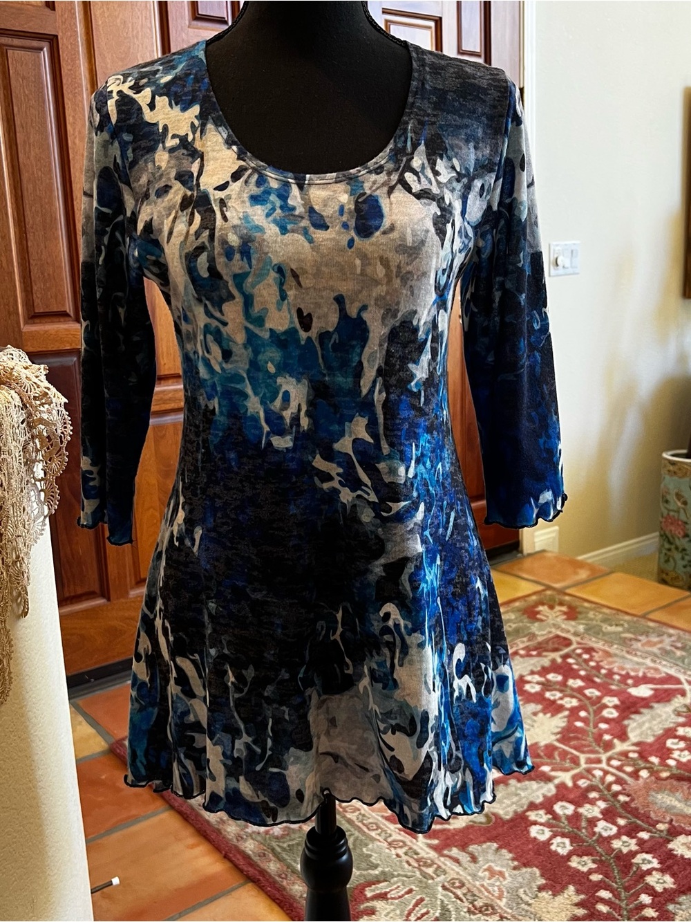 Amma Made in LA 3/4 Blue Tie Dye Abstract High Low Tunic Dress Size Small